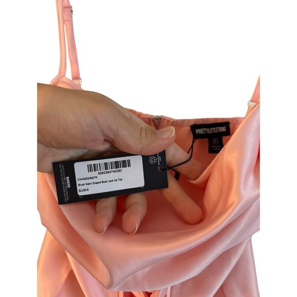 NWT PRETTYLITTLETHING Blush Satin Draped Bust Lace Up Top Size Small Pink - Picture 6 of 6